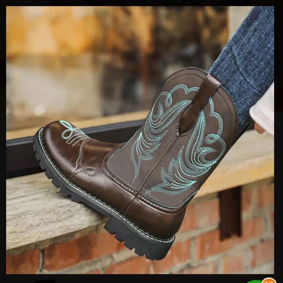 Brown and Teal Heeled Cowgirl Western Boots - Picture 3 of 6